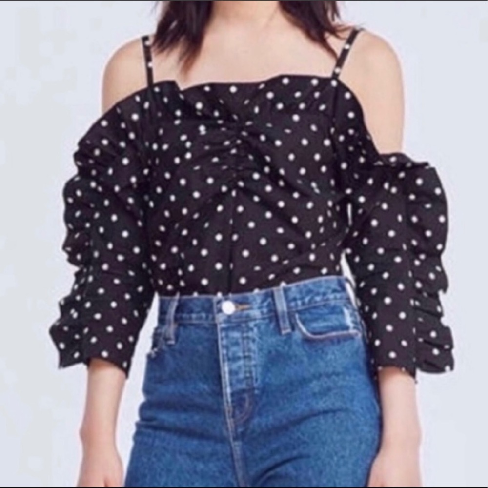 Structured Polka Dot Off Shoulder Ruffled Top